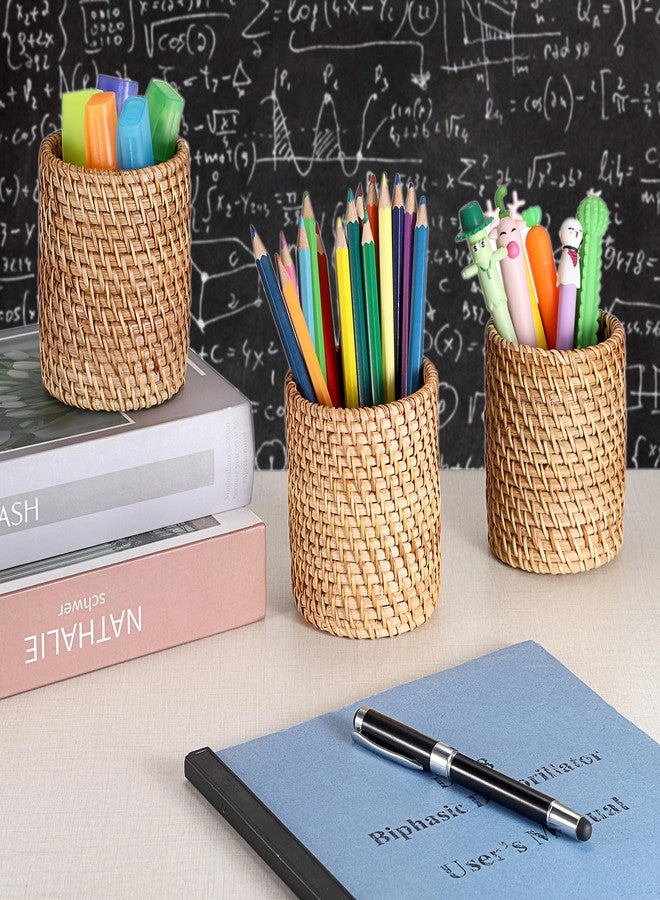 BTSKY 3 Pack Rattan Pen Cup, Handmade Desk Pencil Holders Makeup Brush Holder Multi-Functional Woven Basket Office&Home Desktop Organizer (Cylinder) - Image 2